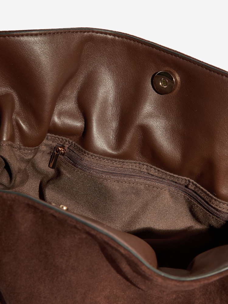 Friends Like These Chocolate Brown Faux Suede Medium Tassel Scrunch Clutch Bag - Image 5 of 5