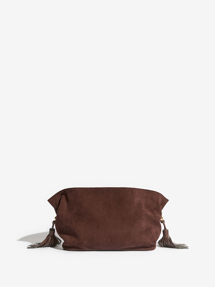 Friends Like These Chocolate Brown Faux Suede Medium Tassel Scrunch Clutch Bag - Image 7 of 7