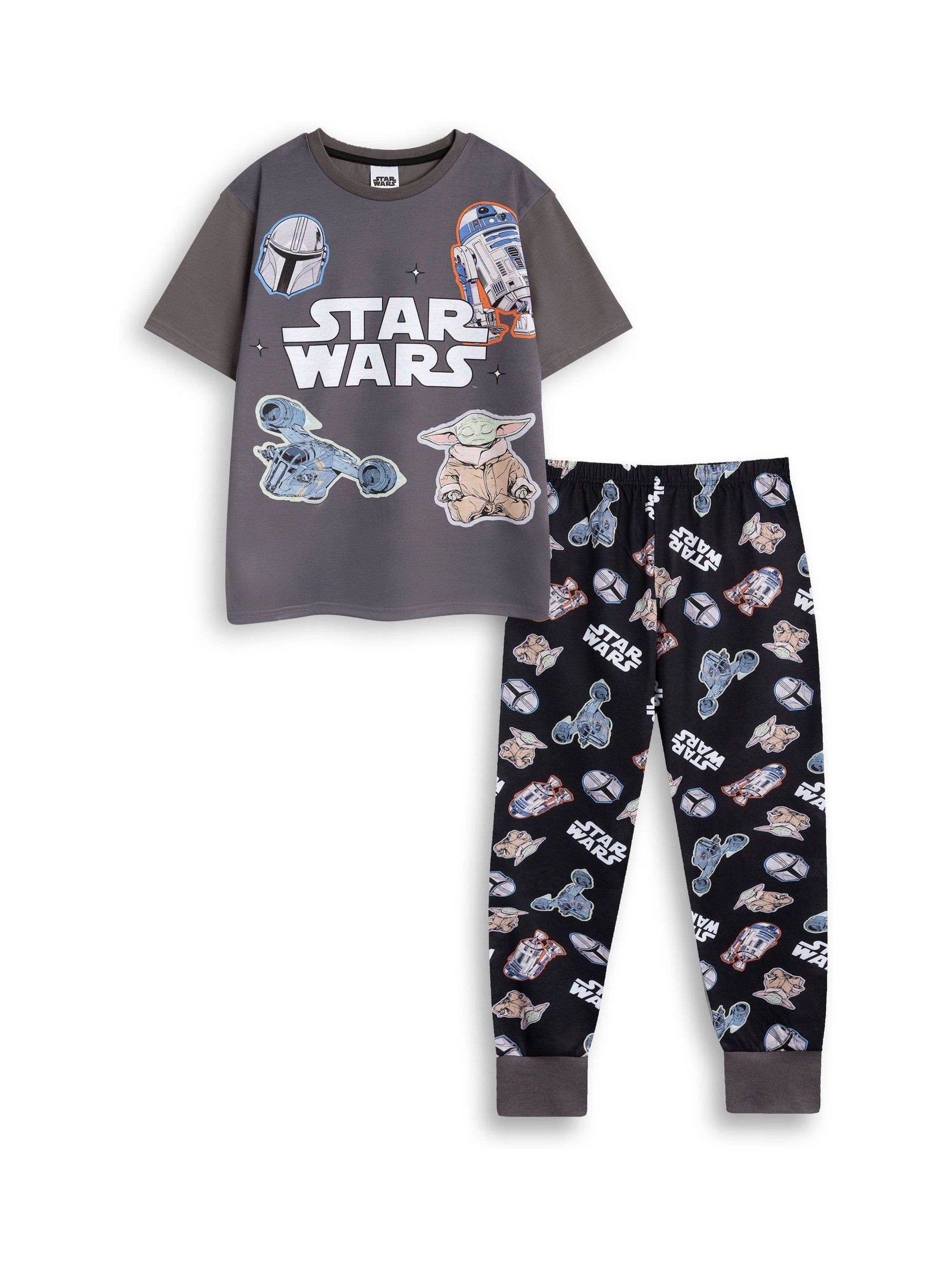 Star Wars R2D2 Yoda Boba Fett Grey Short Sleeve Long Leg Pyjama Set | Kids Unisex Sleepwear with Movie Characters | Comfortable Nightwear for Bedtime & Relaxation Merch - Image 3