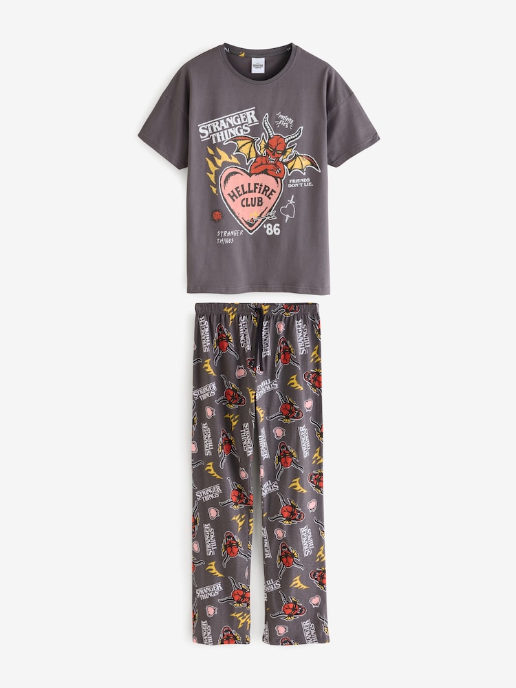 Vanilla Underground Grey Stranger Things Hellfire Club 100% Cotton Short Sleeve Long Leg Pyjamas Set - Image 1 of 9 Vanilla Underground Grey Stranger Things Hellfire Club 100% Cotton Short Sleeve Long Leg Pyjamas Set - Image 1 of 9