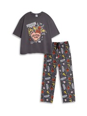 Vanilla Underground Grey Stranger Things Hellfire Club 100% Cotton Short Sleeve Long Leg Pyjamas Set - Image 2 of 9