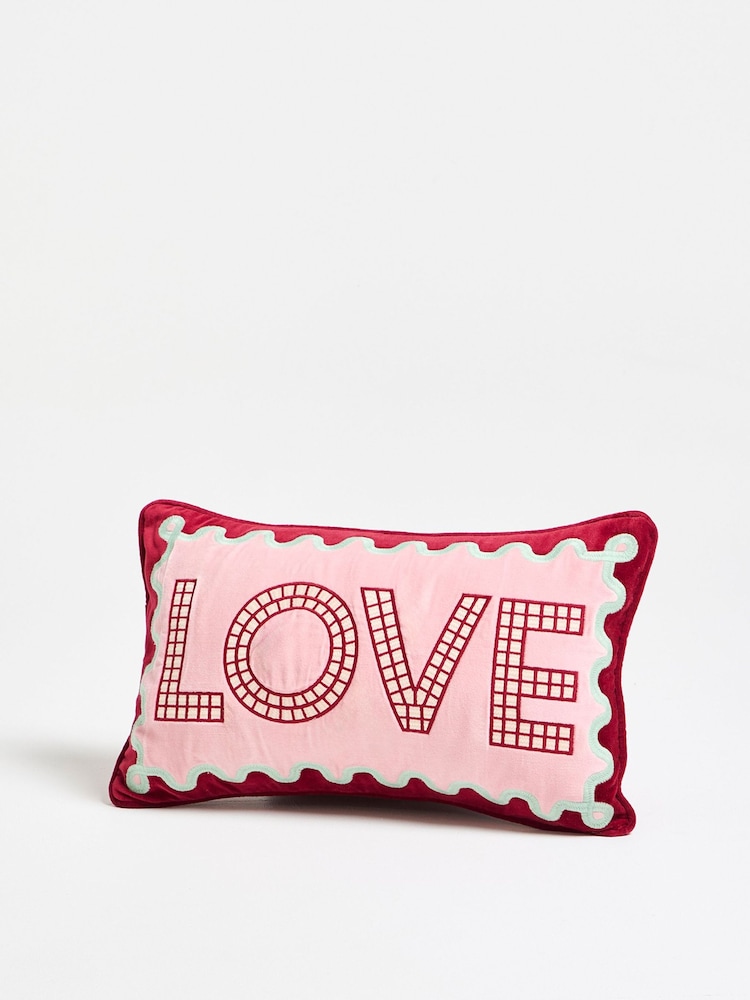 Oliver Bonas Pink Love Embroidered Cushion Cover 30x50cm - Image 2 of 5 Oliver Bonas Pink Love Embroidered Cushion Cover 30x50cm - Image 2 of 5