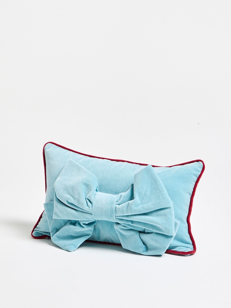 Oliver Bonas Blue Velvet Bow Cushion Cover 30x50cm - Image 2 of 5 Oliver Bonas Blue Velvet Bow Cushion Cover 30x50cm - Image 2 of 5