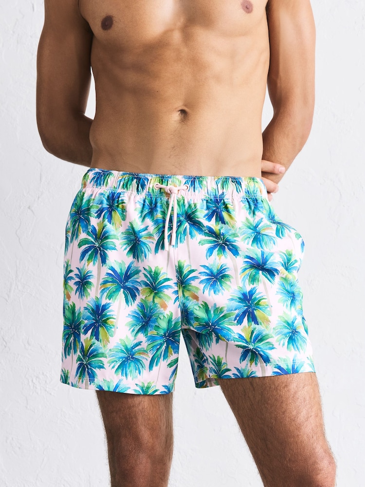 وردي/أزرق - Watercolour Palm Print 5 Inch Swim Shorts - Image 1 of 8