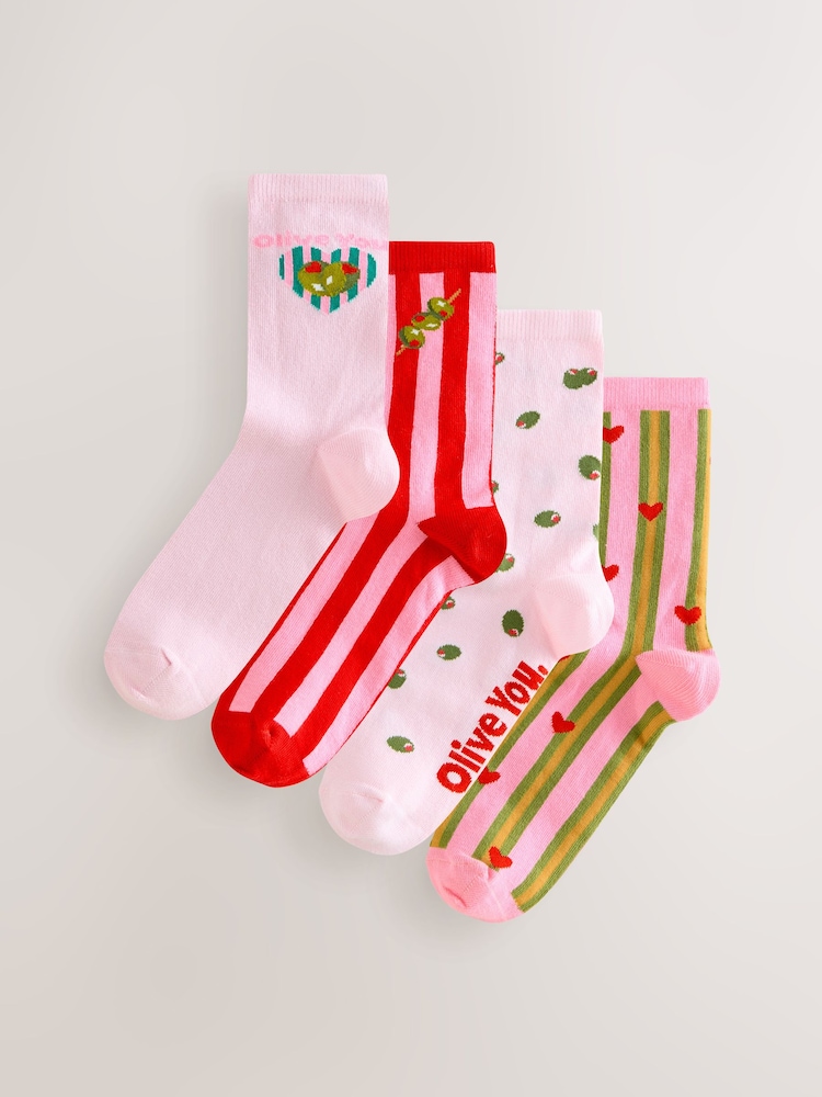 Pink/Green 'Olive You' Ankle Socks 4 Pack - Image 1 of 7