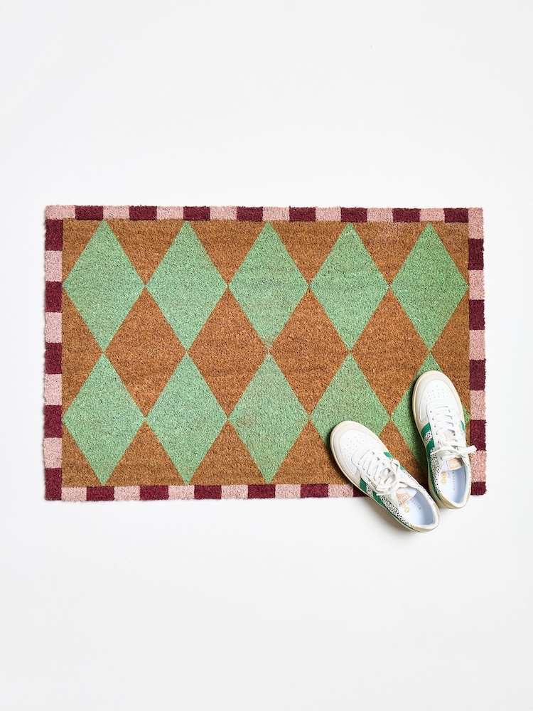 Oliver Bonas Multi Harlequin Green Diamond Doormat - Image 1 of 4 Oliver Bonas Multi Harlequin Green Diamond Doormat - Image 1 of 4