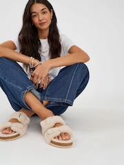 Accessorize Cream Fluffy Buckle Slippers - Image 1 of 4