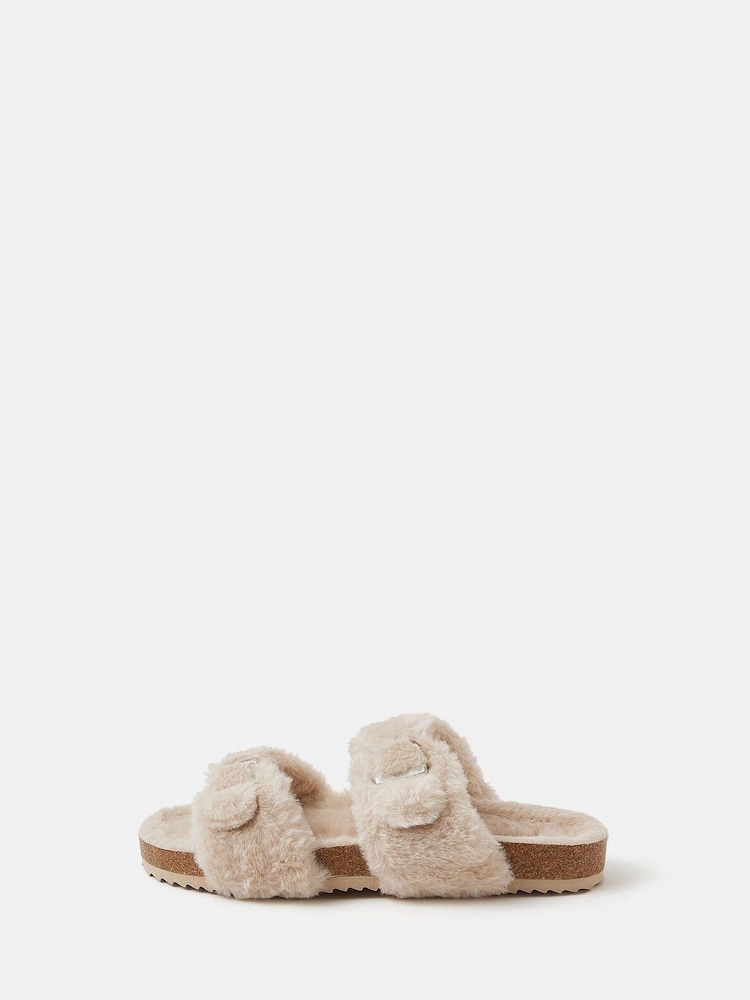 Accessorize Cream Fluffy Buckle Slippers - Image 2 of 4