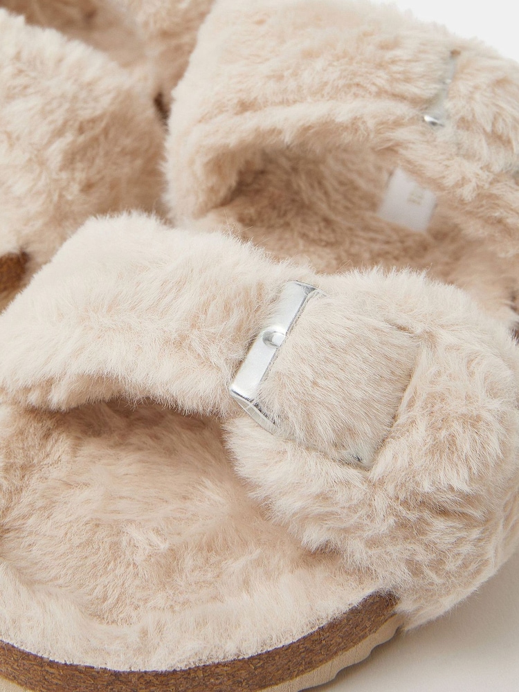 Accessorize Cream Fluffy Buckle Slippers - Image 4 of 4