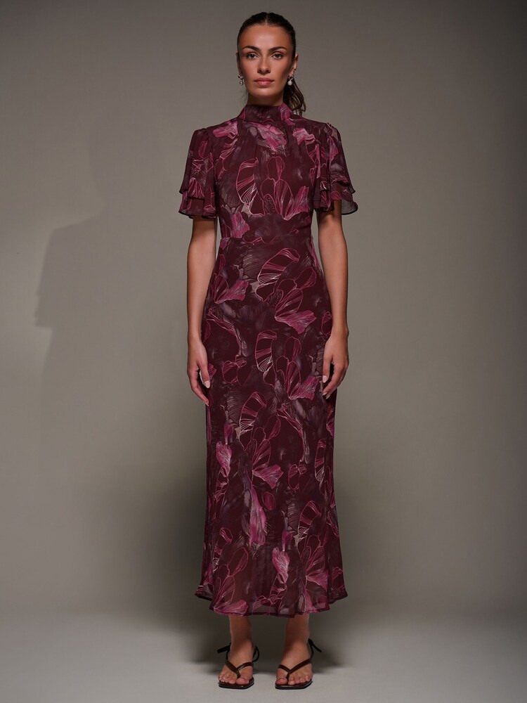 Jolie Moi Red High Neck Angel Sleeve Chiffon Maxi Dress - Image 1 of 6 Jolie Moi Red High Neck Angel Sleeve Chiffon Maxi Dress - Image 1 of 6