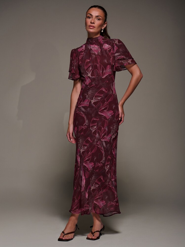Jolie Moi Red High Neck Angel Sleeve Chiffon Maxi Dress - Image 6 of 6 Jolie Moi Red High Neck Angel Sleeve Chiffon Maxi Dress - Image 6 of 6