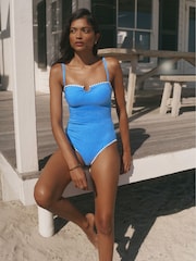 Mint Velvet Blue Textured Bandeau Tummy Control Whipstitch Swimsuit - Image 1 of 4