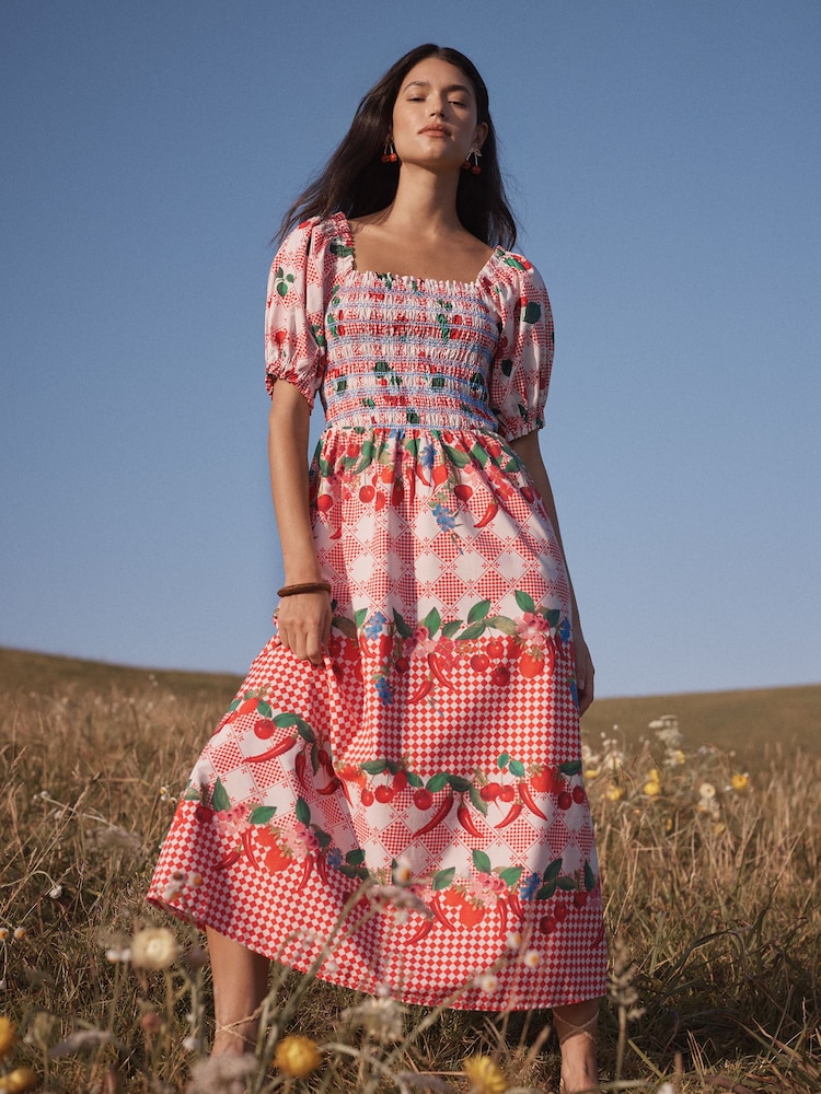 Love & Roses Red Cherry Print Petite Smocked Bodice Puff Sleeve Midi Dress - Image 1 of 5