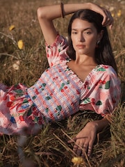 Love & Roses Red Cherry Print Petite Smocked Bodice Puff Sleeve Midi Dress - Image 2 of 5