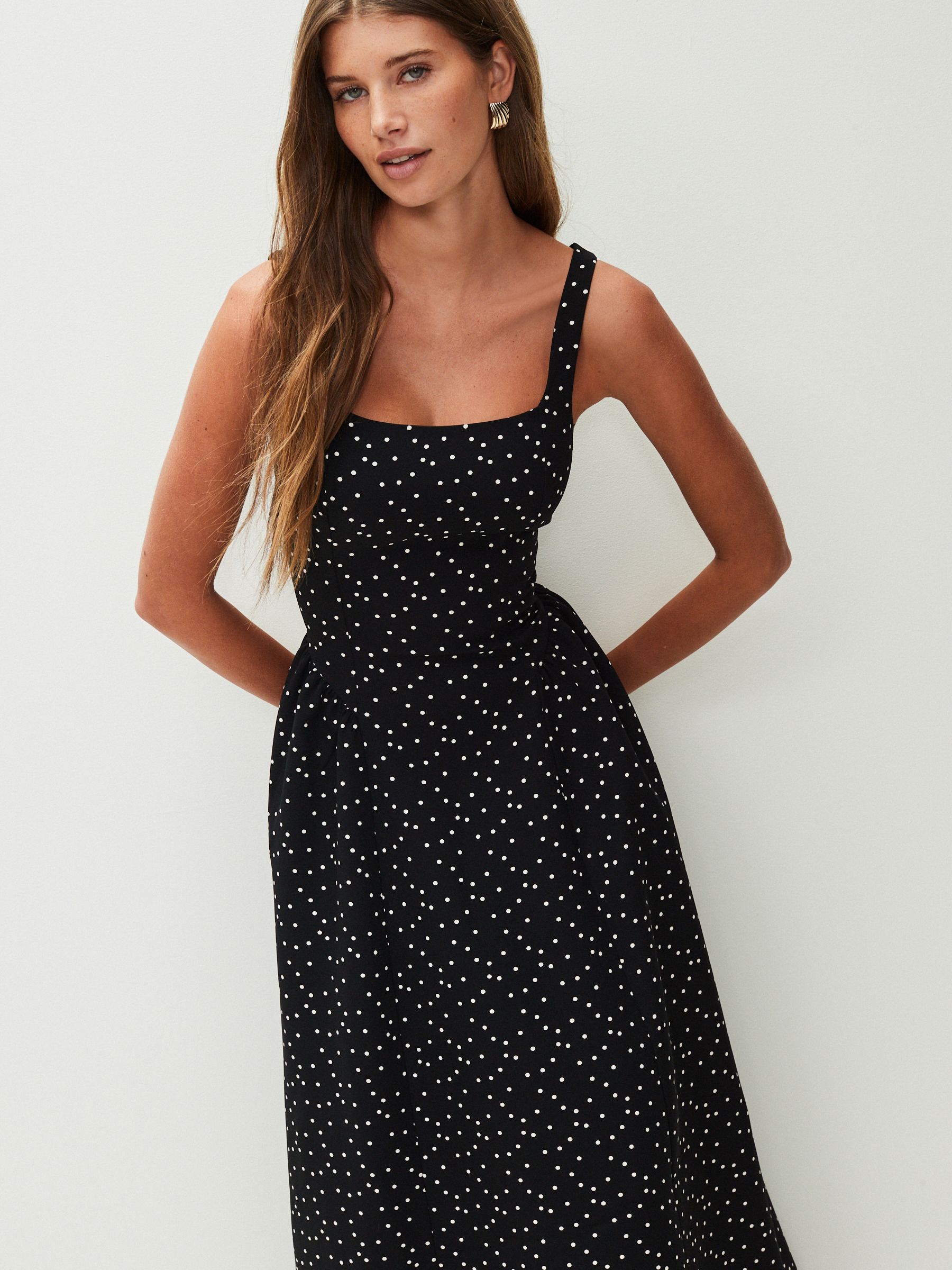polka dot dress black HELLO MOLLY Dotted Moment Satin Polka Dot Midi Dress Black