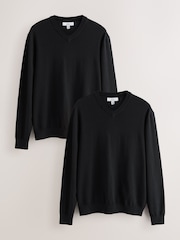 Black V-Neck Regular Fit Cotton Rich Jumpers 2 Pack - Image 1 of 8