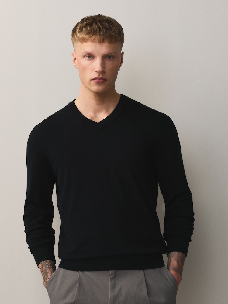 Black V-Neck Regular Fit Cotton Rich Jumpers 2 Pack - Image 2 of 8