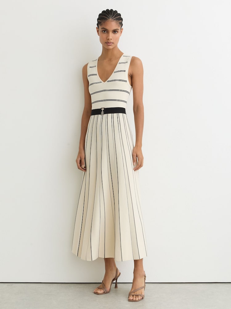 Reiss Ivory/Black Mallory Sleeveless Stripe Knitted Midi Dress - Image 1 of 6