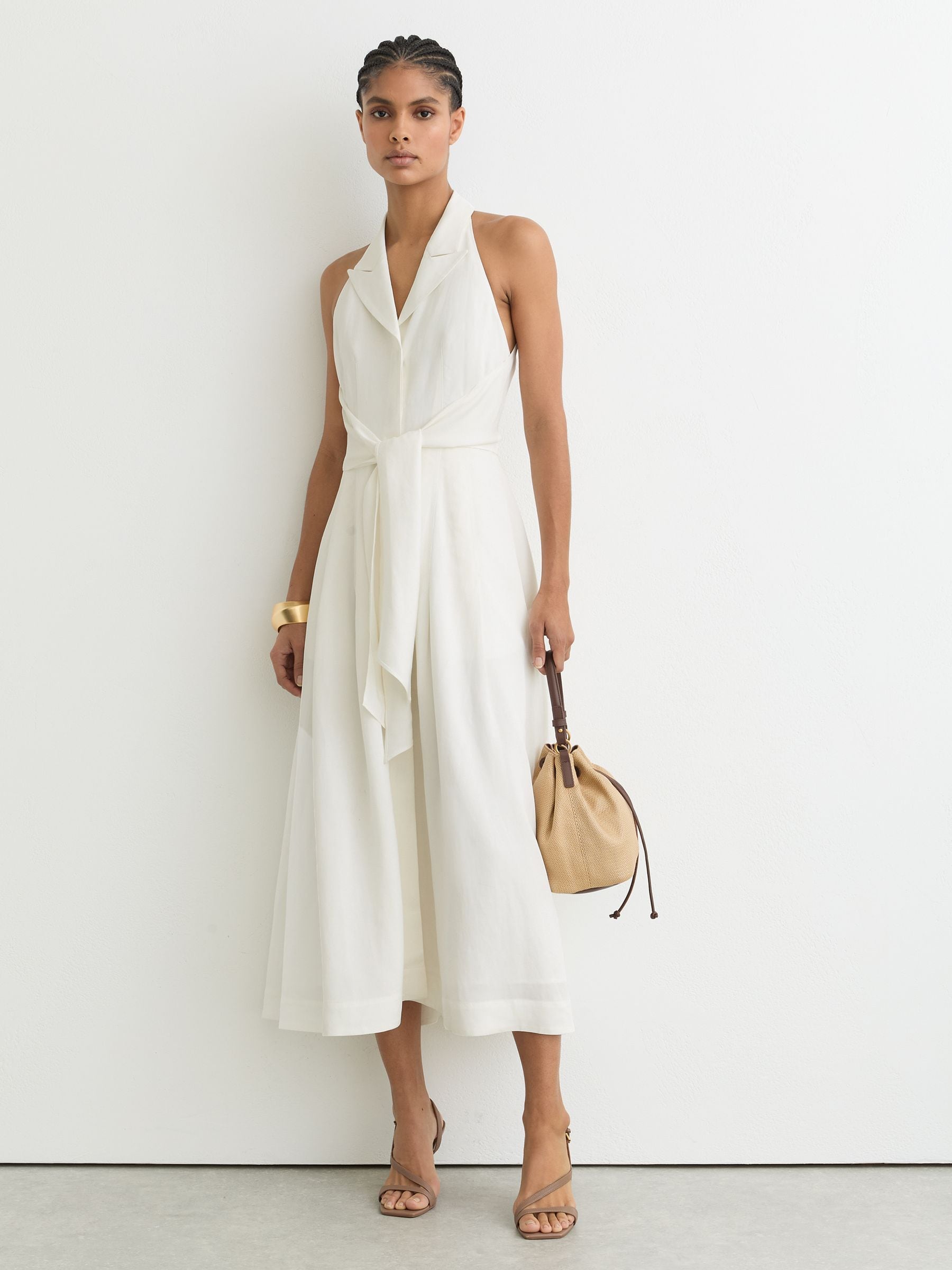 Reiss Ivory Tor Halterneck Belted Midi Dress with Linen