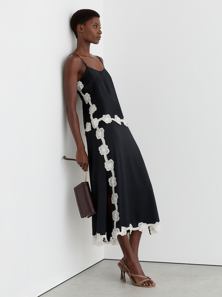 Reiss Navy Doa Satin Floral-Lace Trim Cami Top - Image 1 of 9 Reiss Navy Doa Satin Floral-Lace Trim Cami Top - Image 1 of 9