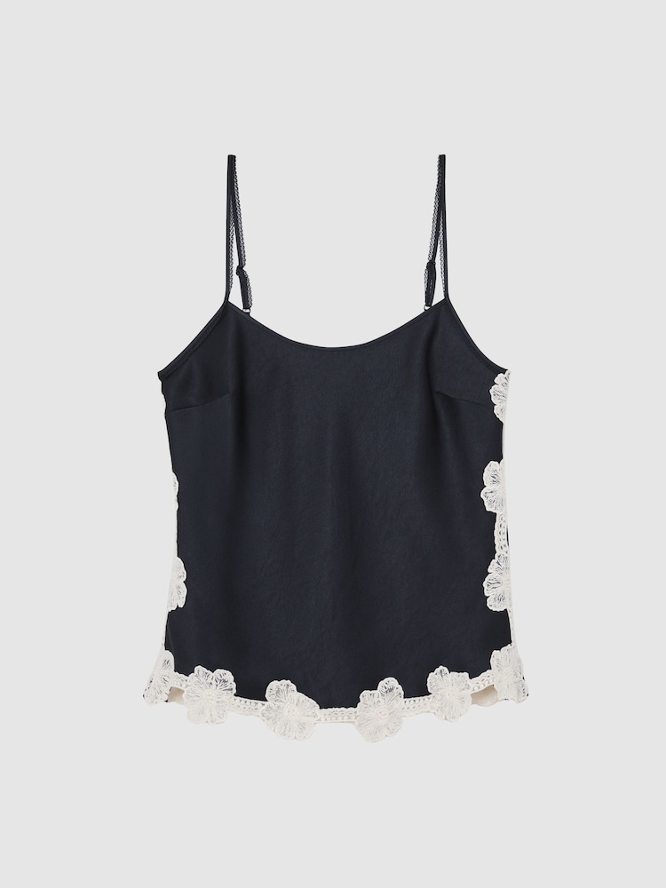 Reiss Navy Doa Satin Floral-Lace Trim Cami Top - Image 2 of 9 Reiss Navy Doa Satin Floral-Lace Trim Cami Top - Image 2 of 9