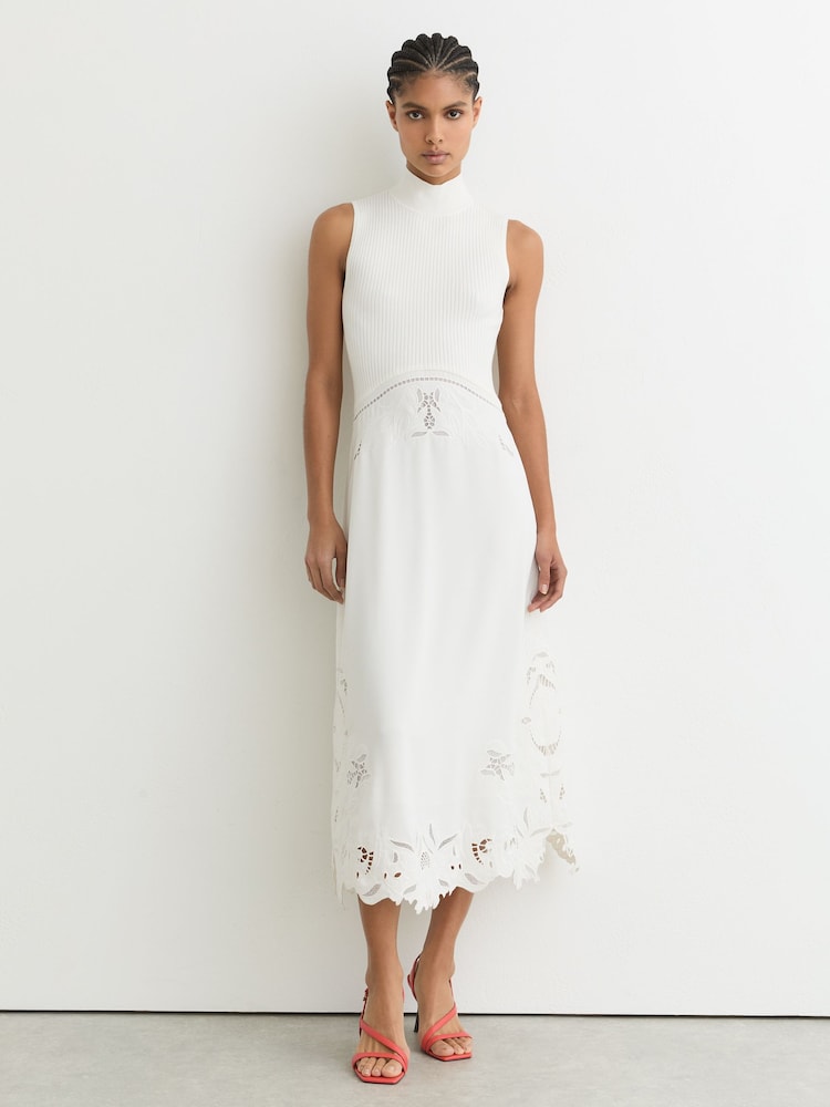 Reiss Ivory Phoenix Knit Woven Midi Dress - Image 1 of 6 Reiss Ivory Phoenix Knit Woven Midi Dress - Image 1 of 6