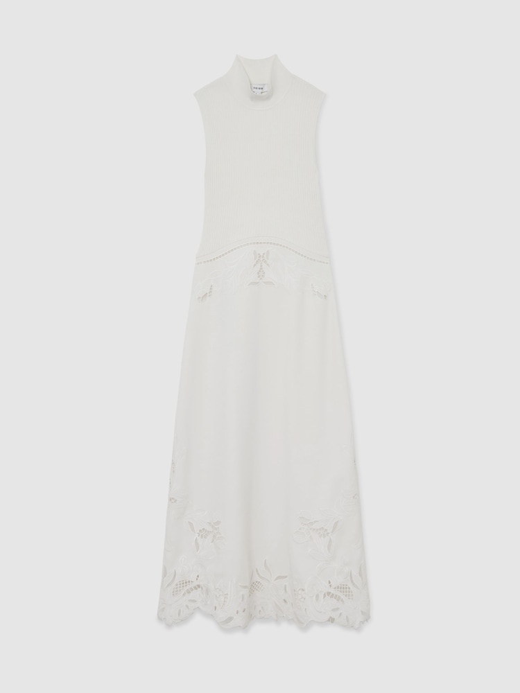 Reiss Ivory Phoenix Knit Woven Midi Dress - Image 2 of 6 Reiss Ivory Phoenix Knit Woven Midi Dress - Image 2 of 6