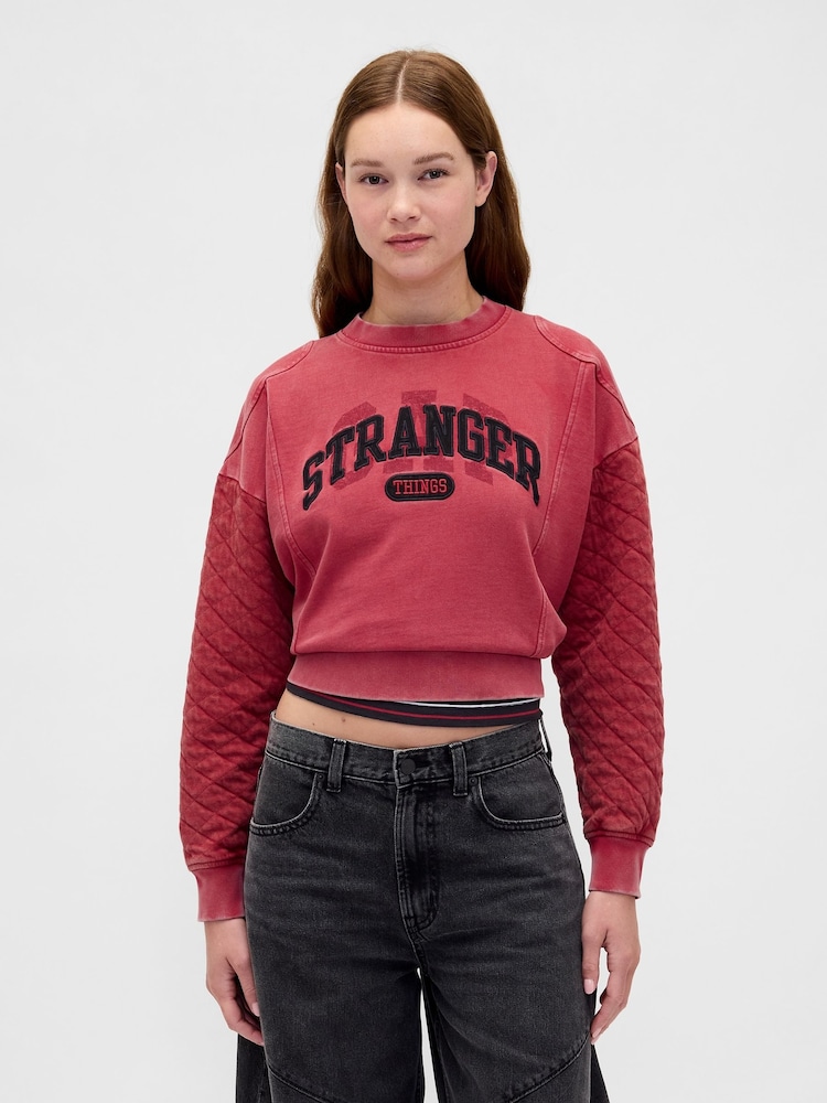 Gap Red Stranger Things Quilted-Sleeve Logo Sweatshirt - Image 1 of 5 Gap Red Stranger Things Quilted-Sleeve Logo Sweatshirt - Image 1 of 5