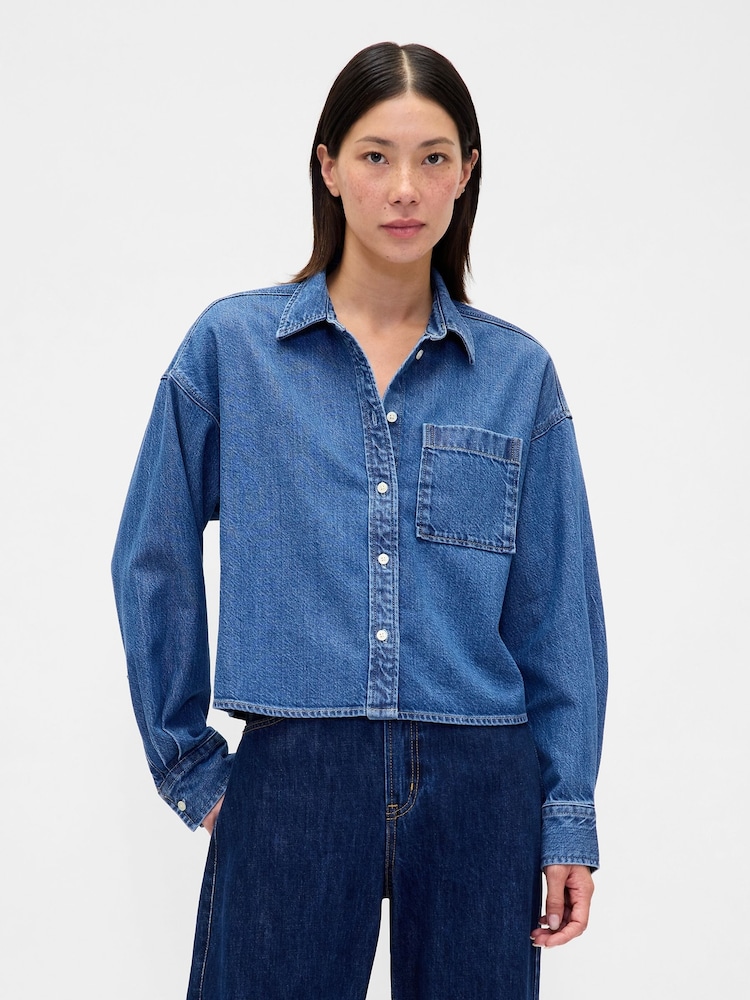 Gap Medium Wash UltraSoft Denim Oversized Straight-Hem Crop Shirt - Image 1 of 4