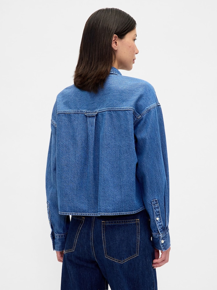 Gap Medium Wash UltraSoft Denim Oversized Straight-Hem Crop Shirt - Image 2 of 4