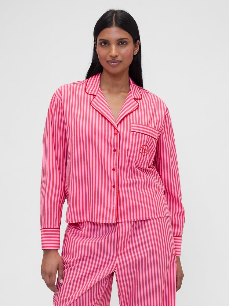 Gap X Summer Fridays Bright Pink/Red Relaxed Poplin Stripe Pyjama Shirt - Image 1 of 7 Gap X Summer Fridays Bright Pink/Red Relaxed Poplin Stripe Pyjama Shirt - Image 1 of 7