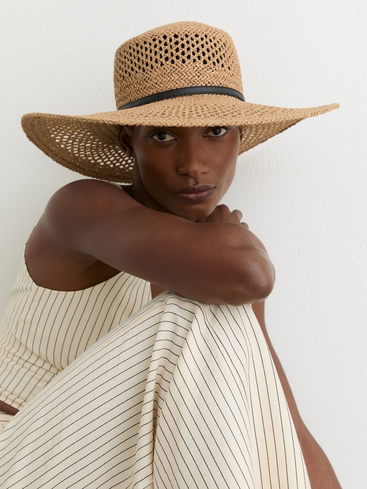Reiss Natural Astrid Contrast-Trim Straw-Effect Hat - Image 1 of 5 Reiss Natural Astrid Contrast-Trim Straw-Effect Hat - Image 1 of 5
