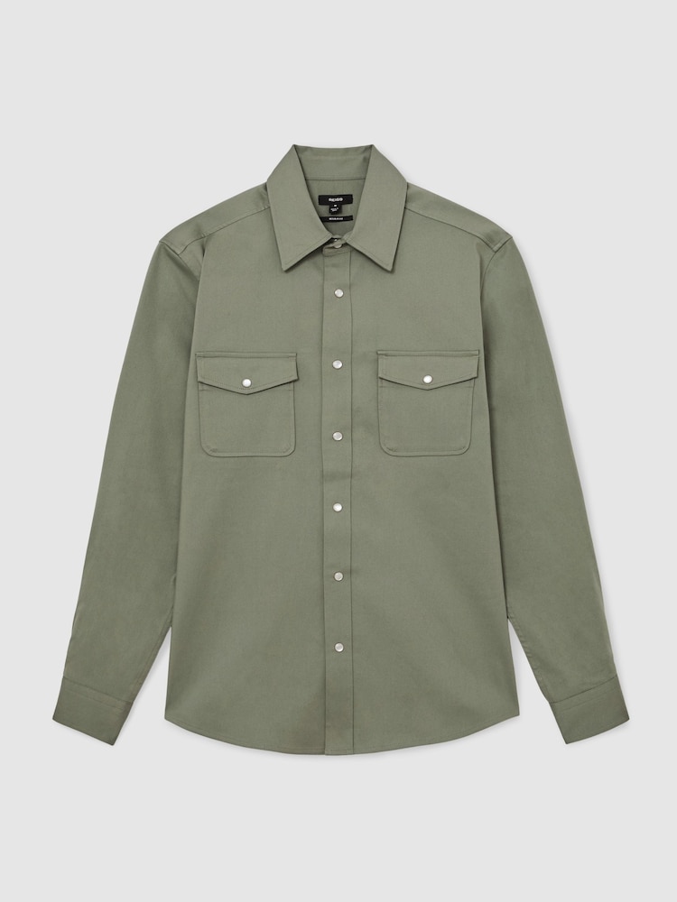 Reiss Sage Green Mcrae Twin-Pocket Overshirt with Stretch - Image 2 of 6