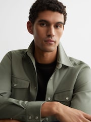 Reiss Sage Green Mcrae Twin-Pocket Overshirt with Stretch - Image 3 of 6