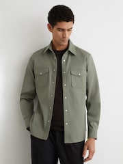 Reiss Sage Green Mcrae Twin-Pocket Overshirt with Stretch - Image 4 of 6