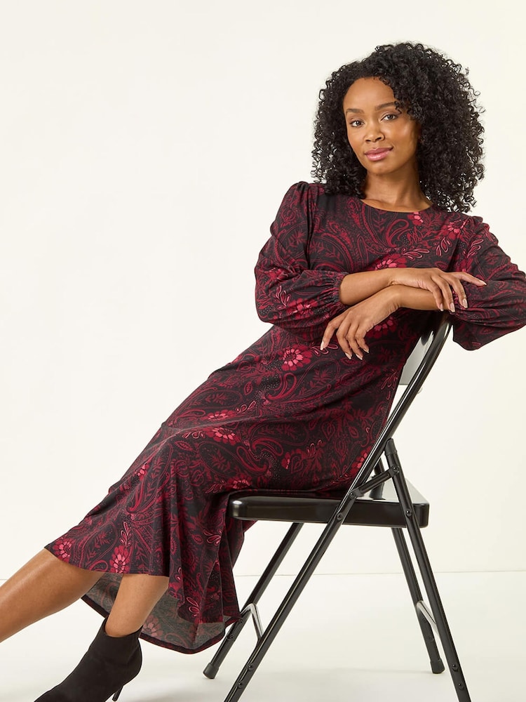 Roman Red Petite Abstract Print Midi Stretch Dress - Image 1 of 5 Roman Red Petite Abstract Print Midi Stretch Dress - Image 1 of 5