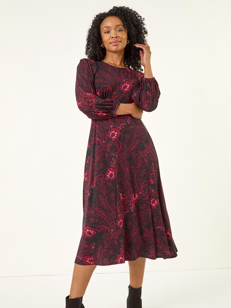 Roman Red Petite Abstract Print Midi Stretch Dress - Image 2 of 5 Roman Red Petite Abstract Print Midi Stretch Dress - Image 2 of 5