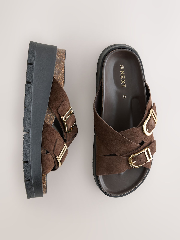 Chocolate Brown Double Buckle Platform Sandals - Image 1 of 5 Chocolate Brown Double Buckle Platform Sandals - Image 1 of 5