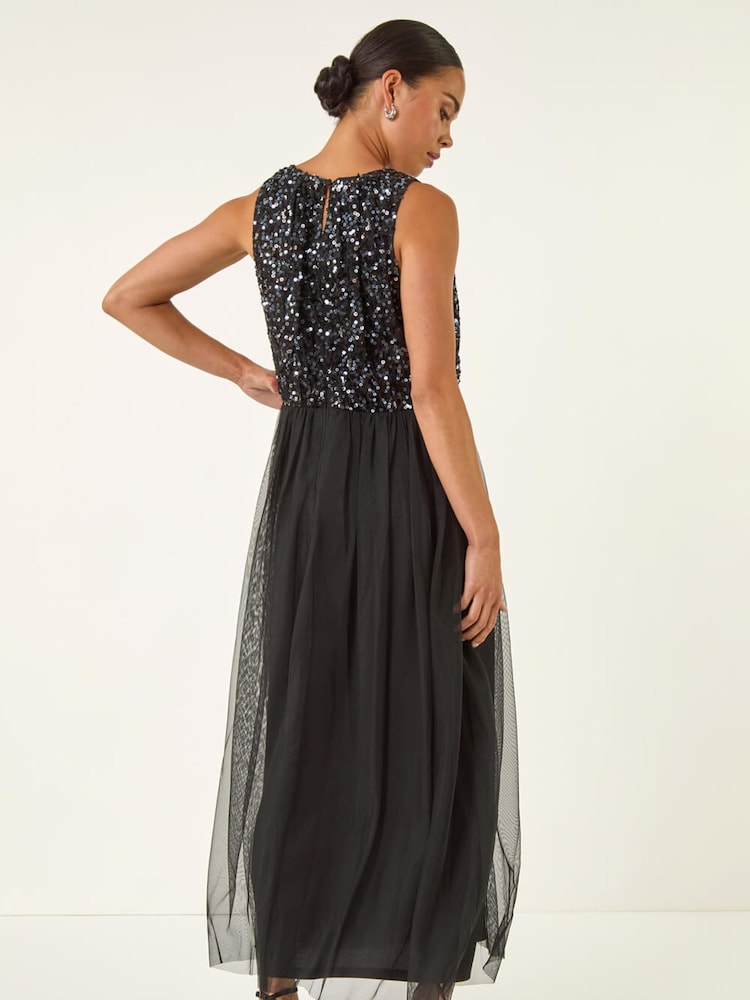 sleeves black bridesmaid dresses Black Mesh Sequin Maxi Dress main image 0
