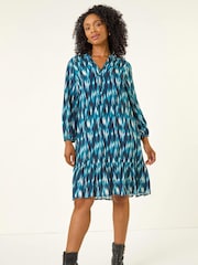 Roman Blue Petite Ikat Print Tiered Hem Dress - Image 1 of 5