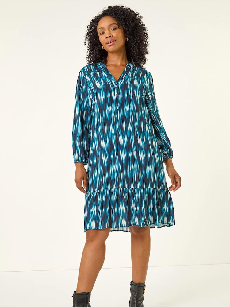 Roman Blue Petite Ikat Print Tiered Hem Dress - Image 1 of 5