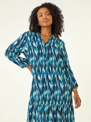 Roman Blue Petite Ikat Print Tiered Hem Dress - Image 4 of 5