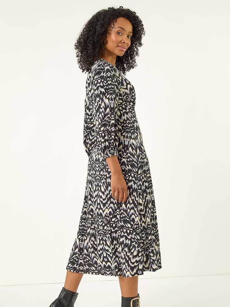 Roman Black Petite Abstract Stretch Midi Dress - Image 2 of 5 Roman Black Petite Abstract Stretch Midi Dress - Image 2 of 5