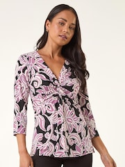 Roman Black Petite Abstract Print Knot Front Blouse - Image 4 of 5
