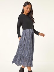 Roman Black Petite Contrast Tiered Midi Dress - Image 1 of 5