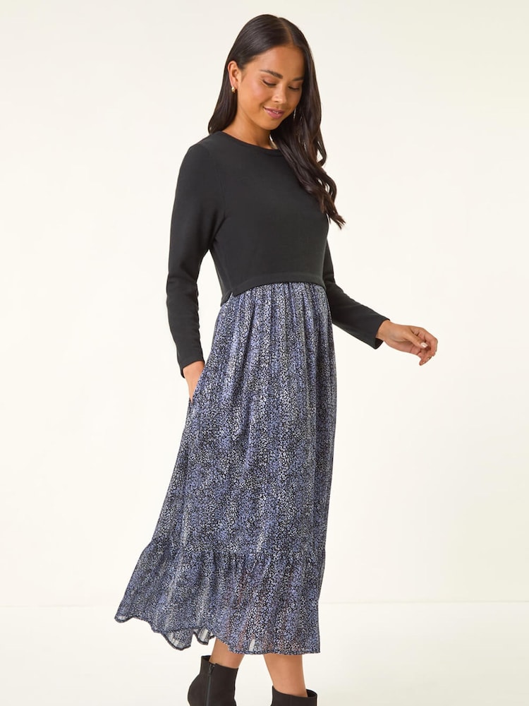 Roman Black Petite Contrast Tiered Midi Dress - Image 1 of 5