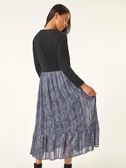 Roman Black Petite Contrast Tiered Midi Dress - Image 3 of 5
