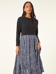 Roman Black Petite Contrast Tiered Midi Dress - Image 4 of 5