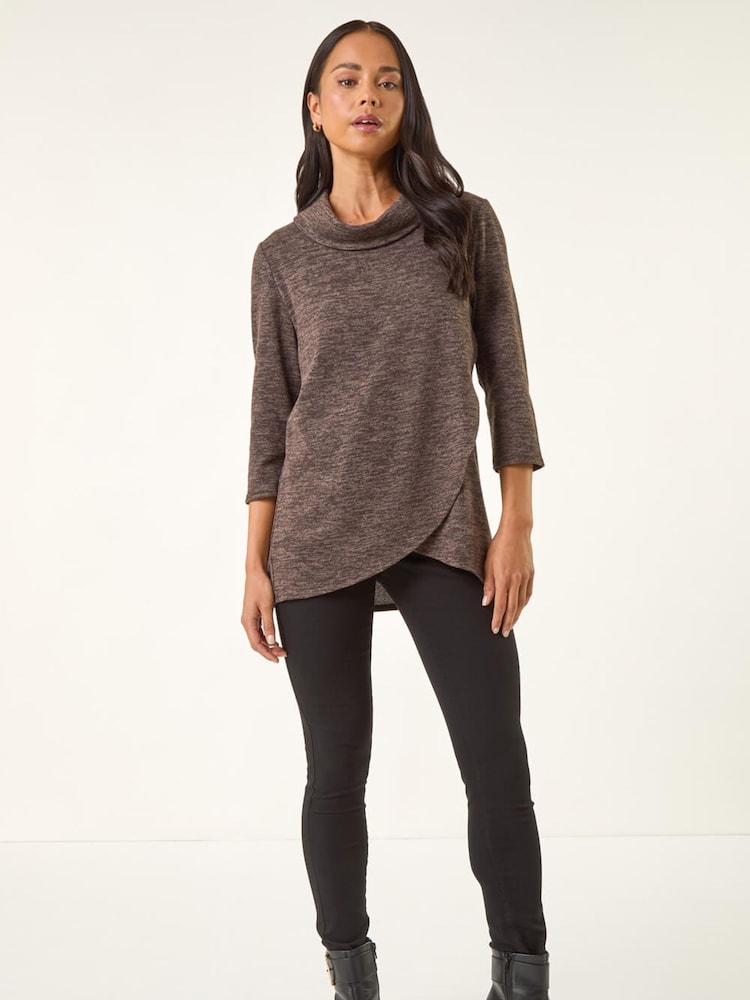 Roman Brown Petite Petite Brushed Knit Wrap Blouse - Image 1 of 5 Roman Brown Petite Petite Brushed Knit Wrap Blouse - Image 1 of 5