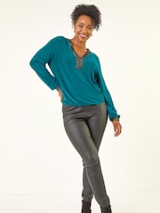 Roman Blue Petite Sequin Trim Blouson Top - Image 2 of 5
